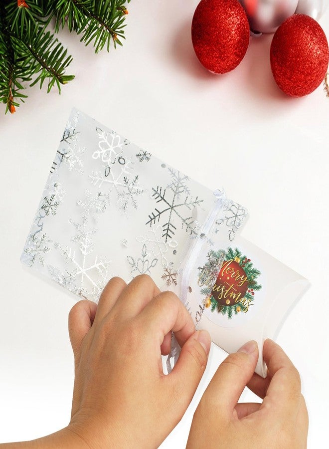 g2 بلس أكياس أورجانزا برباط من G2PLUS لعيد الميلاد، 4 × 6 - 50 قطعة، أكياس هدايا أورجانزا مزينة برقاقات الثلج، أكياس شبكية بيضاء شفافة، أكياس شبكية شفافة لعيد الميلاد الشتوي للمجوهرات والحلوى والهدايا - Image 5